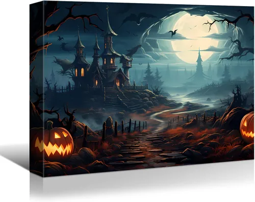 Miniatura 9 de YONICA Lienzo decorativo de Halloween para pared de sala de estar, decoración del hogar, árbol de Halloween y luna llena sobre lienzo, obra de arte