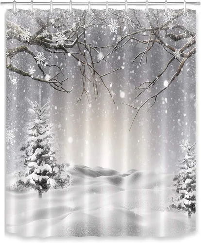 LB Cortina de ducha de invierno con copos de nieve, cubierta de pino, rama de árbol de nieve, cortina de baño con ganchos, 57 x 72 pulgadas, tela de
