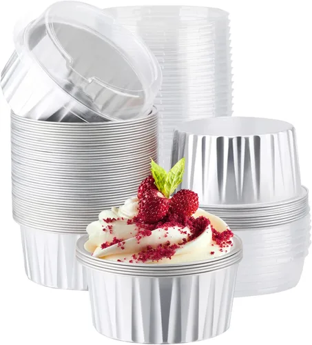 Miniatura 20 de EUSOAR Tazas de aluminio para hornear, paquete de 30 tazas de 5 onzas para cupcakes con tapas, moldes de pastel de 4.2 fl oz, flanes de postres, Azul