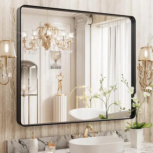 Miniatura 97 de WEER - Espejo de baño dorado, espejo de 40x32 pulgadas con marco de metal dorado cepillado, espejo de tocador de baño de oro para pared