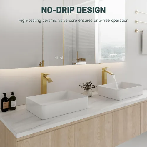 Miniatura 8 de Grifo de lavabo de vaso en oro cepillado, grifos de baño estilo cascada, grifos de baño de una sola manija y un solo agujero de boquilla alta