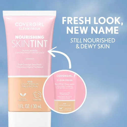 Miniatura 5 de COVERGIRL Clean Fresh Tinte para piel nutritivo, 550 Claro/Medio, base líquida, acabado húmedo, infundido con coco y aloe, fórmula vegana 550