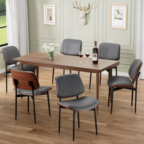 Miniatura 48 de REONEY - Juego de 4 sillas de comedor, modernas de mediados de siglo, tapizadas en piel sintética PU con respaldo de madera curvada de nogal y patas