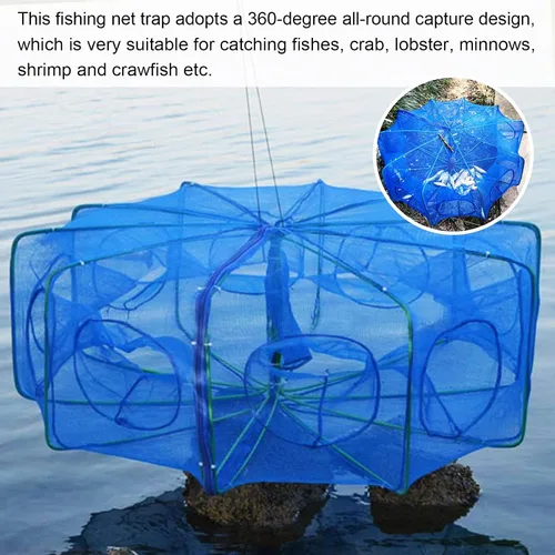 Miniatura 2 de Trampa de cebo de pesca portátil, red de pesca plegada, jaula de red plegable con cremallera, jaula de red de pesca octogonal para pececillos