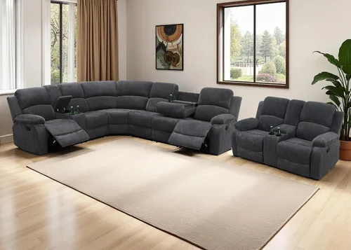 Miniatura 9 de Juego de sofá seccional reclinable manual, juegos de muebles de sala de estar, sofá seccional en forma de L y 2 sillas, cómodo sofá reclinable