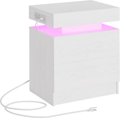 Miniatura 9 de LIKIMIO Mesita de noche con estación de carga, mesita de noche moderna en negro con luz LED y cajones, mesas de cabecera/mesa auxiliar
