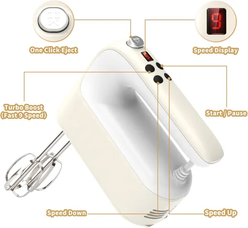Miniatura 2 de Yomelo Batidora de mano digital de 9 velocidades, potente motor de CC de 400 W, batidora de mano eléctrica de mano con estuche de almacenamiento a