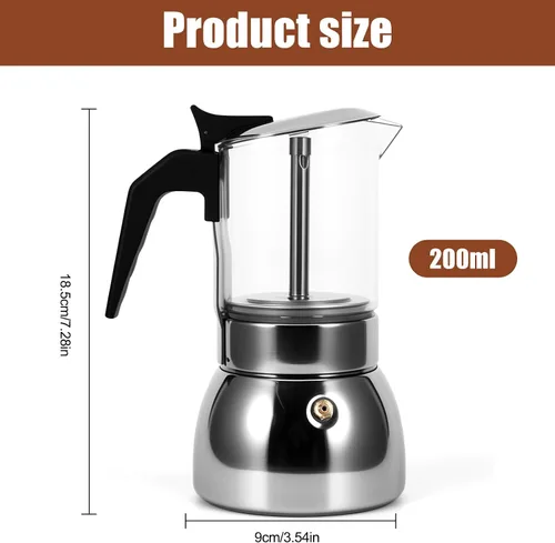 Miniatura 7 de Houkiper Cafetera de café expreso, 4 tazas de acero inoxidable de 6.8 fl oz, cafetera italiana, cafetera de cristal transparente, cafetera moca