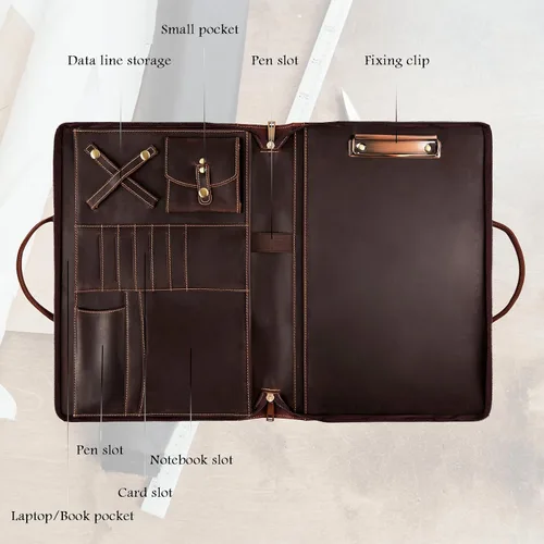 Miniatura 2 de Portafolio de Cuero Genuino, Organizador Padfolio con Asa, Padfolio Personalizado, Padfolio con Cremallera para Hombres y Mujeres, Adecuado