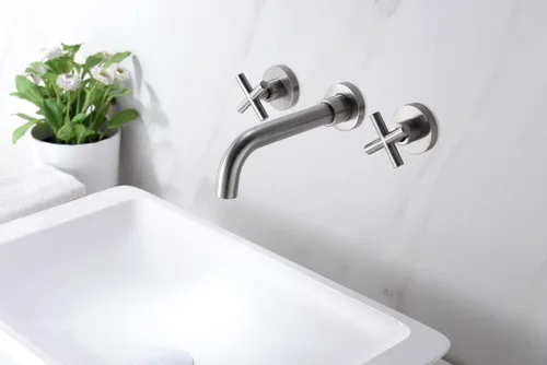 Miniatura 3 de sumerain Grifo de baño de montaje en pared de níquel, asas cruzadas y válvula empotrada incluida Níquel cepillado