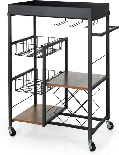Miniatura 9 de Giantex Carrito de isla de cocina con ruedas, carrito de servicio de bar móvil, con bandeja superior extraíble, estante para vino, soporte