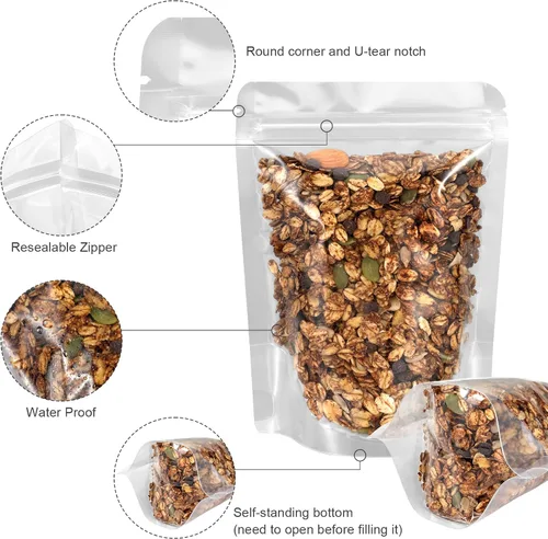 Miniatura 5 de Blisstime Paquete de 50 bolsas de pie, bolsas autoadhesivas transparentes resellables con muesca de desgarro para embalaje de alimentos