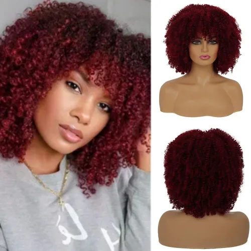 Pelucas cortas de color rojo vino rizado con flequillo, afro, esponjosas, para mujeres negras, aspecto natural, sintética, resistente al calor,
