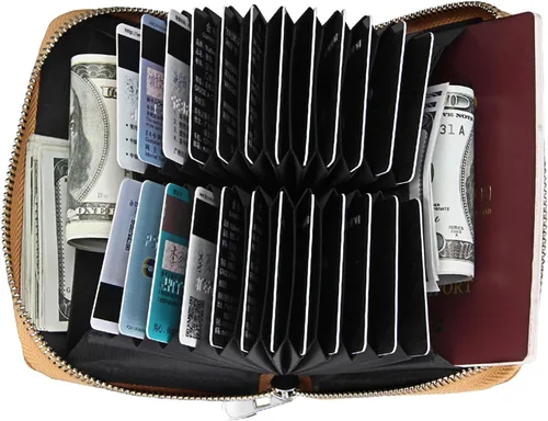 Miniatura 13 de boshiho Cartera con bloqueo RFID de 24 ranuras para tarjetas de crédito, de piel auténtica, organizador de múltiples tarjetas, con cremallera