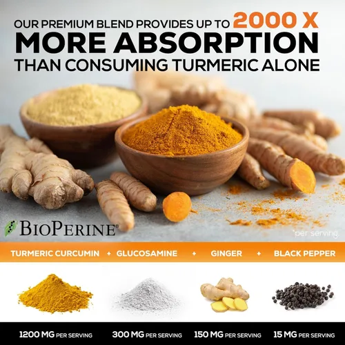Miniatura 6 de Suplemento de Cúrcuma Curcumina 2000mg - 95% Curcuminoides con Glucosamina, Jengibre y MSM, Pimienta Negra BioPerine para Mejor Absorción, Soporte