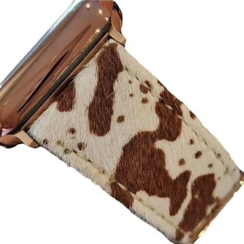 Correa de cuero de vaca de lujo con pelo de Western para Apple Watch de 38 40 41 42 44 45 46 49 mm elegante para iWatch Series 11 10 9 8 7 6 5 4 B