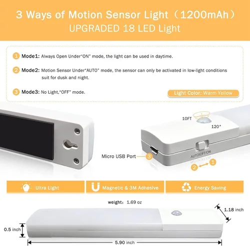 Miniatura 6 de Luces LED recargables para debajo del gabinete, con sensor de movimiento magnético para interiores, sensor de movimiento, luces inalámbricas