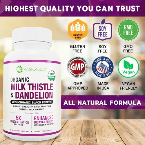 Miniatura 5 de Max Absorption USDA Organic Milk Thistle Potente 5:1 Extracto concentrado (2000 mg de fuerza) y raíz de diente de león orgánica Flavonoide