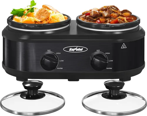 Miniatura 10 de Sunvivi Doble olla de cocción lenta, servidor de buffet y calentador con 2 ollas de cerámica extraíbles, 3 ajustes de temperatura ajustables y 2 Gris