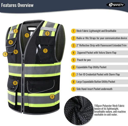 Miniatura 3 de JKSafety - Chaleco de seguridad de malla negra de alta visibilidad con 11 bolsillos para hombres y mujeres, chaleco reflectante de construcción