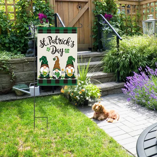 Miniatura 5 de Boao Bandera de jardín del día de San Patricio, trébol de gnomo de 18 x 12 pulgadas, bandera de jardín de trébol verde irlandés, bandera de jardín