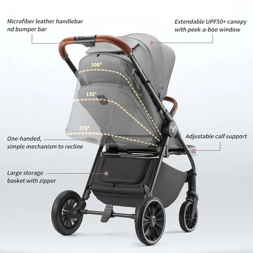 Miniatura 6 de Tinyiota Cochecito para bebés, cochecitos para niños pequeños con toldo grande UPF 50+, cochecito de bebé de lujo con mango de cuero y asiento Gris