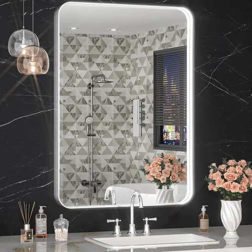 Espejo de baño LED de 16 x 24 pulgadas con luces, marco plateado rectangular redondeado con diseño de tira de luz incrustada, 3 colores y regulable