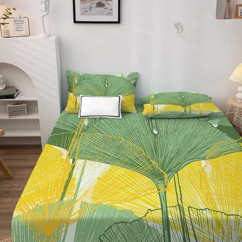 Miniatura 2 de NOGAWA Gingko - Juego de sábanas de 3 piezas con estampado de hojas y fundas de almohada, tamaño individual, color amarillo y verde, sábana bajera