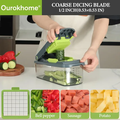 Miniatura 2 de Picadora de verduras Ourokhome con recipiente, picadora manual de verduras con 2 cuchillas de corte para tiras de papa, cubos de cebolla, palitos