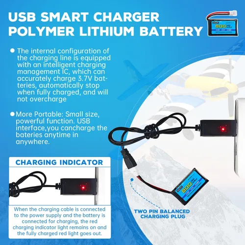 Miniatura 4 de 2 baterías Lipo de 3.7 V 800 mAh 30C con cable de carga USB, enchufe Molex para SYMA X5C X5SW H5C V931 U45W SS40 RC Drone compatible con la mayoría