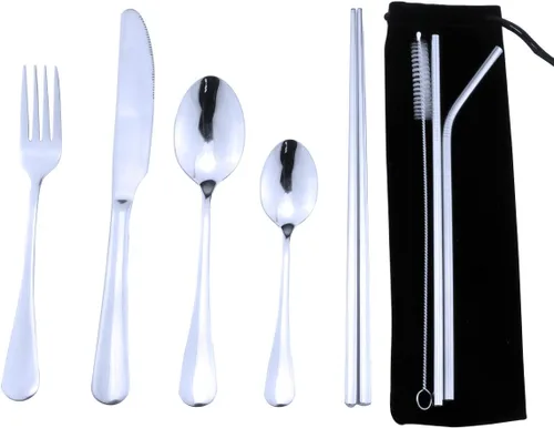 Utensilios reutilizables plateados con estuche, saludables y ecológicos, juego de vajilla portátil de acero inoxidable de 8 piezas, juego de vajilla
