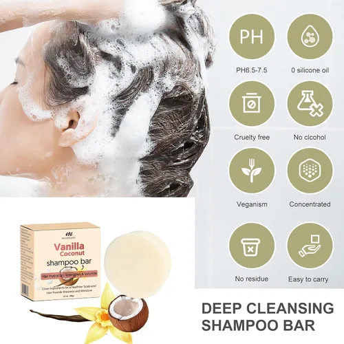 Miniatura 2 de Barra de champú de coco y vainilla, cuidado natural del cabello, suavidad sedosa y nutrición, fortalece el cabello y da volumen, sin parabenos