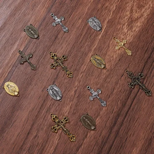 Miniatura 6 de SUNNYCLUE Colgantes de cruz de rosario de estilo tibetano y medalla milagrosa central de Pascua, colgantes de crucifijo de cruz vintage, eslabones