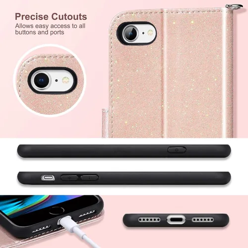 Miniatura 9 de ULAK Funda tipo cartera para iPhone SE 3 (2022)/SE (2020)/8/7 con soporte para tarjetas, funda de piel sintética de alta calidad con ranuras
