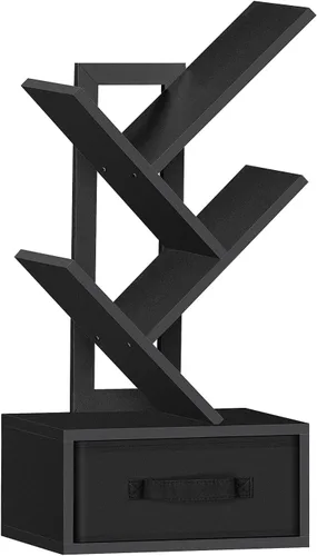 SHEEPAM - Estantería pequeña con cajón, estantería de 4 niveles en forma de árbol en color negro, estantería de escritorio de madera, estanterías