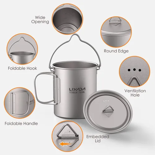 Miniatura 3 de Lixada Taza de agua de titanio con tapa y mango plegable, ultraligero de 25.4 fl oz, olla de titanio, portátil, al aire libre, camping, cocina