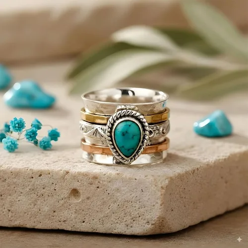 Miniatura 5 de Anillos de turquesa para mujeres y hombres, chapado en plata de ley, joyería bohemia, vintage, natural, delicada, occidental, anillos de piedra