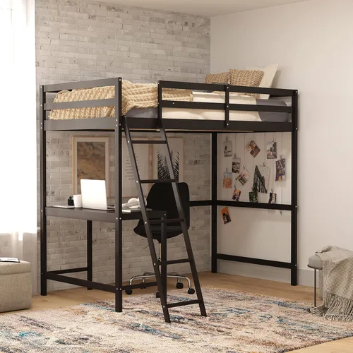 BizChair Base de cama tipo loft con escritorio, listones de madera espresso, tamaño individual, barandillas protectoras y escalera, niños y