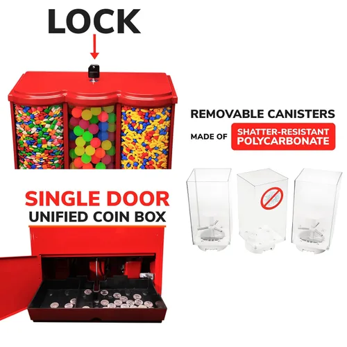 Miniatura 6 de Máquina expendedora – Máquina comercial de chicles y dulces con soporte y recarga en paquete – Máquina expendedora triple roja con recipientes