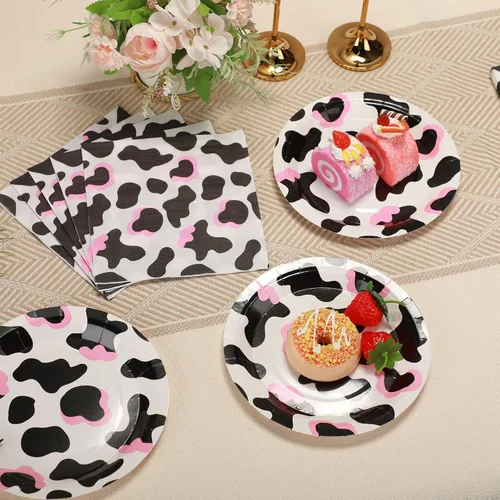 Miniatura 5 de Yaomiao 120 piezas de suministros de fiesta de vaquera vaquera, platos con estampado de vaca y servilletas para niñas y niños, decoración