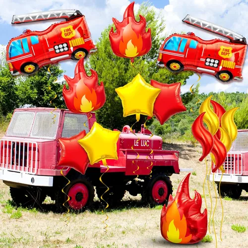 Miniatura 4 de Juego de 18 globos de camión de bomberos, decoraciones de fiesta de cumpleaños de bomberos con camión de bomberos, globos de estrella de llama