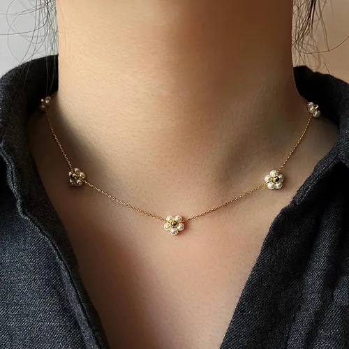 Miniatura 4 de Tewiky Collares de perlas para mujer, collar de oro delicado chapado en oro de 14 quilates, collar de perlas simples para mujer, collar de oro lindo