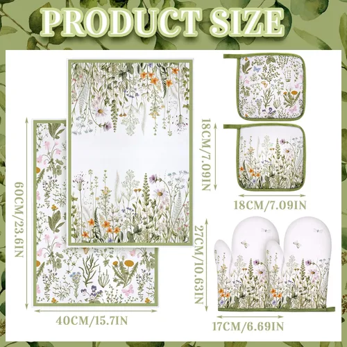 Miniatura 3 de Leinuosen 6 Toallas de Cocina de Flores Silvestres Decoración y Accesorios de Cocina Set Toallas de Cocina Florales Planta Guantes de Horno y Verde