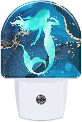 Luz nocturna de acuarela turquesa con sirena para niños, luz nocturna de mármol azul marino dorado enchufable con sensor de atardecer a amanecer,