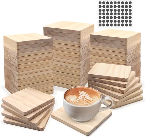 Miniatura 9 de 12 posavasos cuadrados de madera sin terminar, 4 pulgadas, posavasos de madera en blanco para manualidades con puntos de silicona antideslizantes
