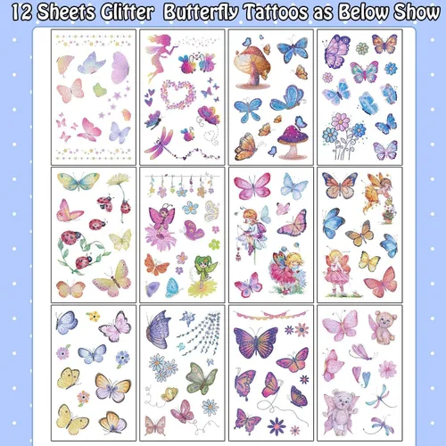 Miniatura 2 de Leesgel Tatuajes temporales para niños y mujeres, calcomanías de tatuaje con purpurina para recuerdos de fiesta, premios para aula, dulce o truco