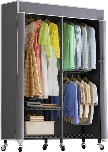 Miniatura 8 de Higeego H9 Perchero para Ropa con Cubierta, Perchero Resistente para Colgar Ropa, Armario Portátil con Ruedas, Armario con Estantes Ajustables