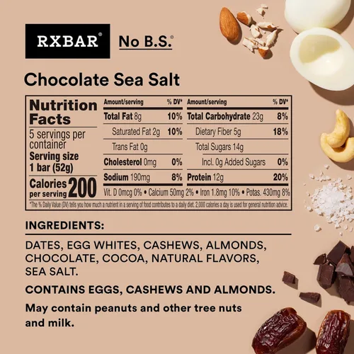 Miniatura 2 de RXBAR Barritas de proteína, 12g de proteína, snacks sin gluten, chocolate con sal marina (6 cajas, 30 barras)