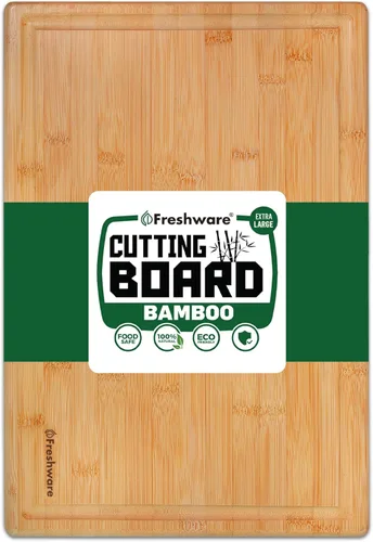 Miniatura 2 de Tabla de cortar de bambú para cocina con ranura para jugos [Extragrande] Tabla de cortar de madera para cortar carne, verduras, frutas, queso