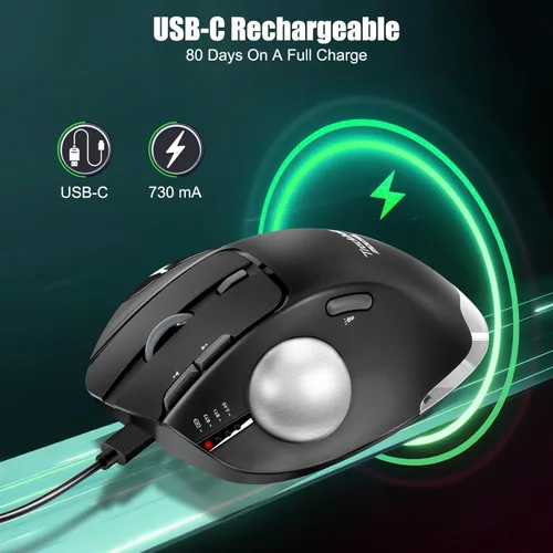 Miniatura 5 de TRELC Ratón Trackball Inalámbrico, Ratón Ergonómico con Bola Rodante con 4800 DPI/7 Botones Programables, Ratón de Control con Pulgar, Ratón Óptico